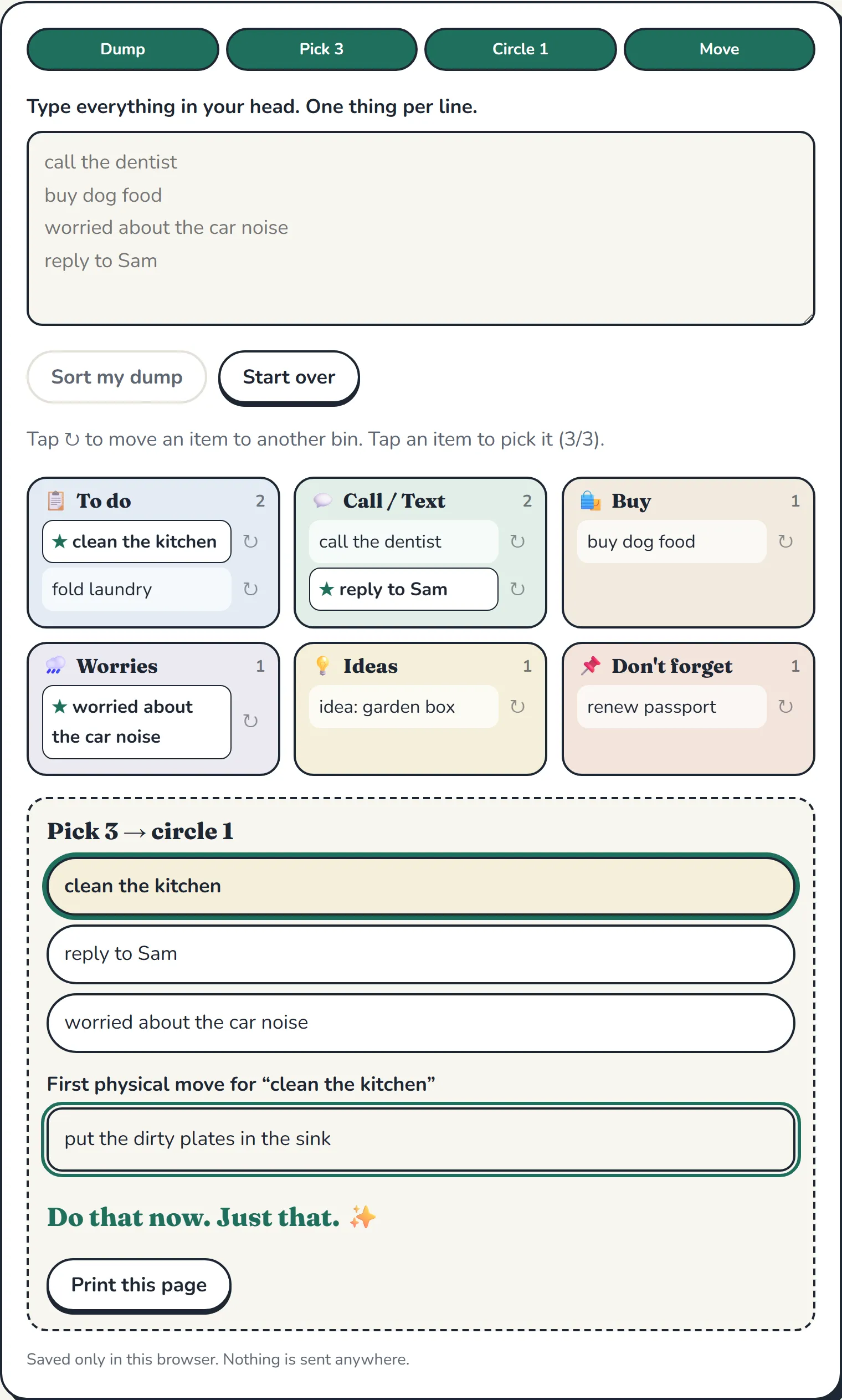 Filled brain dump example: eight items sorted into bins, three starred, one circled with the first move 'put the dirty plates in the sink'