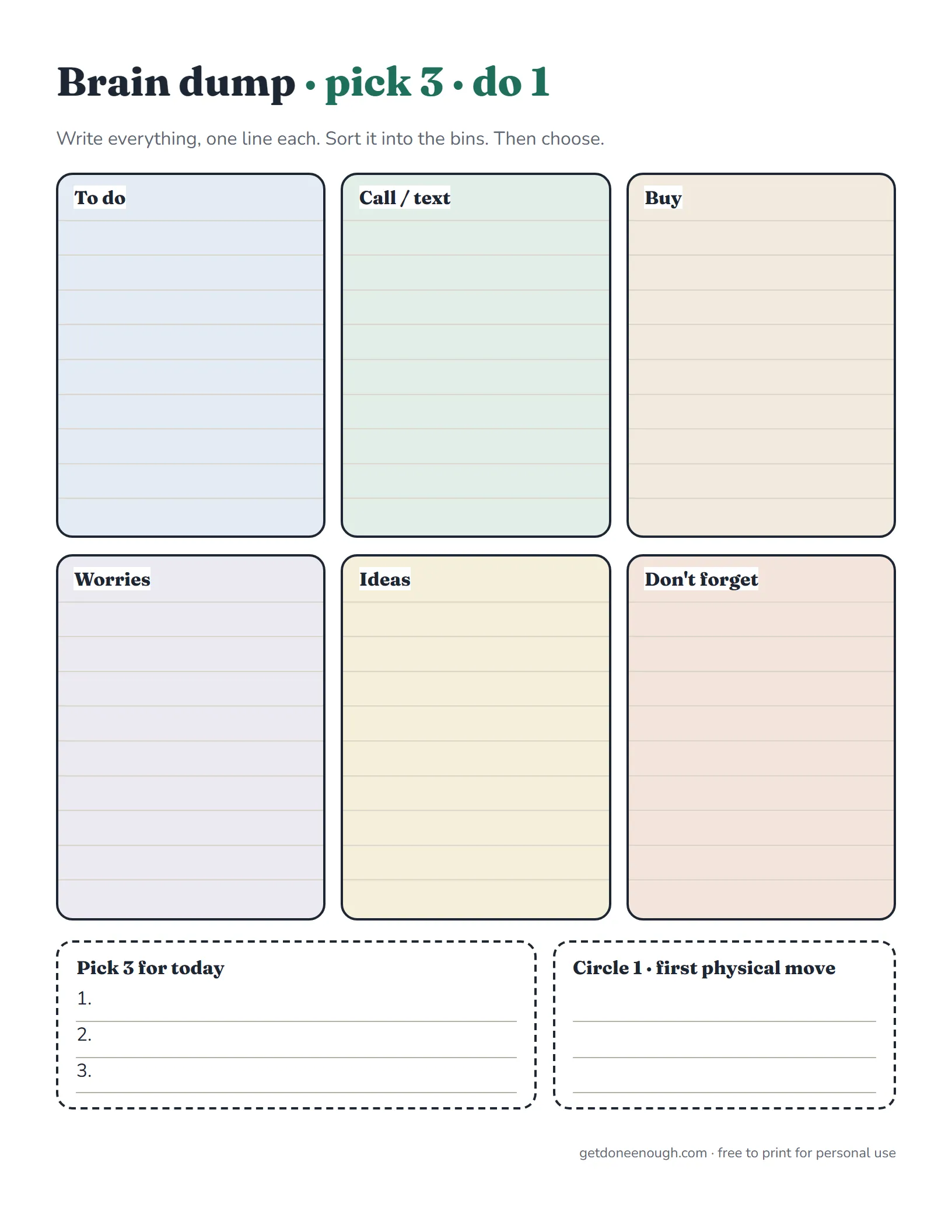 Printable brain dump template with six bins (to do, call or text, buy, worries, ideas, don't forget), a pick 3 box and a first physical move box