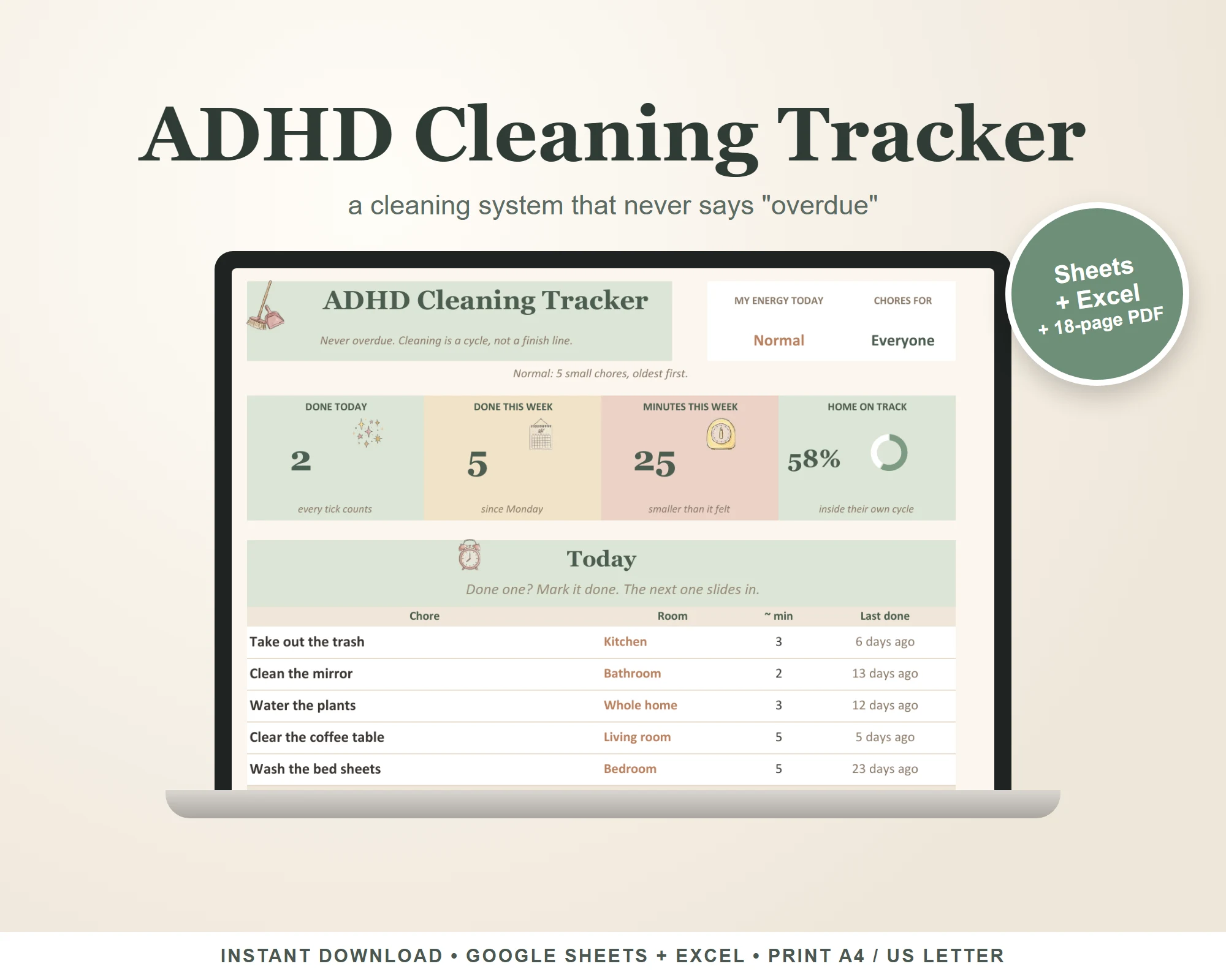 ADHD cleaning tracker spreadsheet shown on a laptop