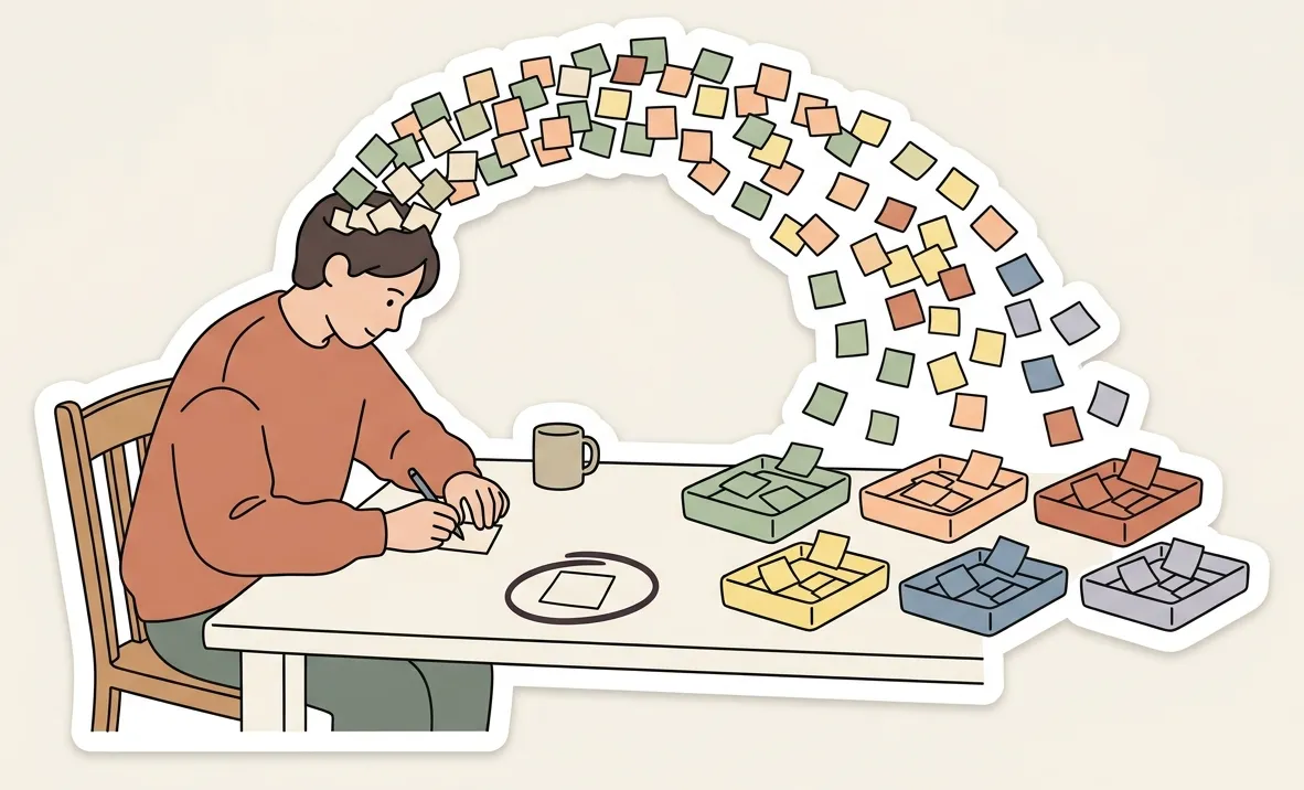 Illustration: sticky notes flying into six colored trays