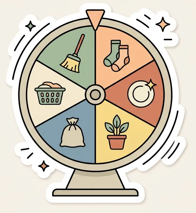 Illustration: a prize wheel with chore icons and an arrow pointer