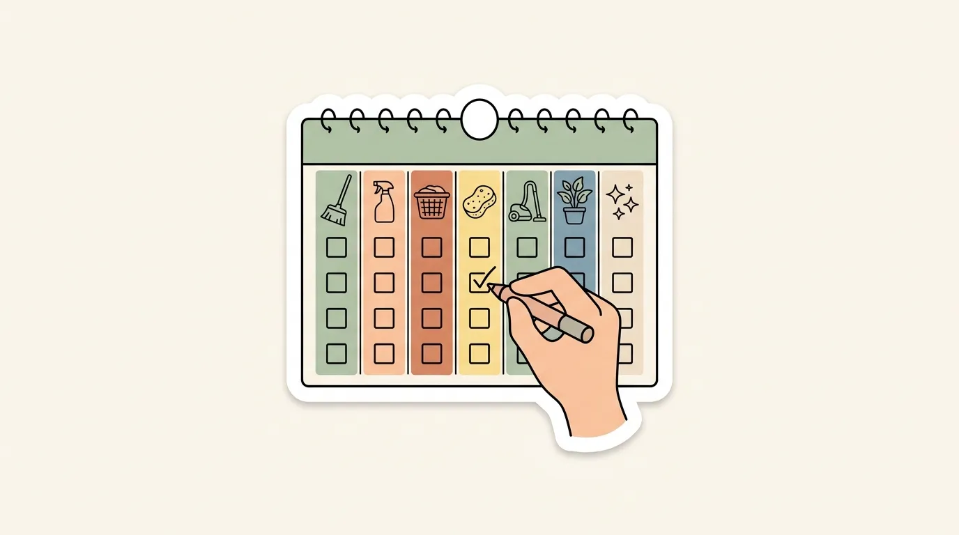 Weekly cleaning schedule: one zone a day, 20 minutes