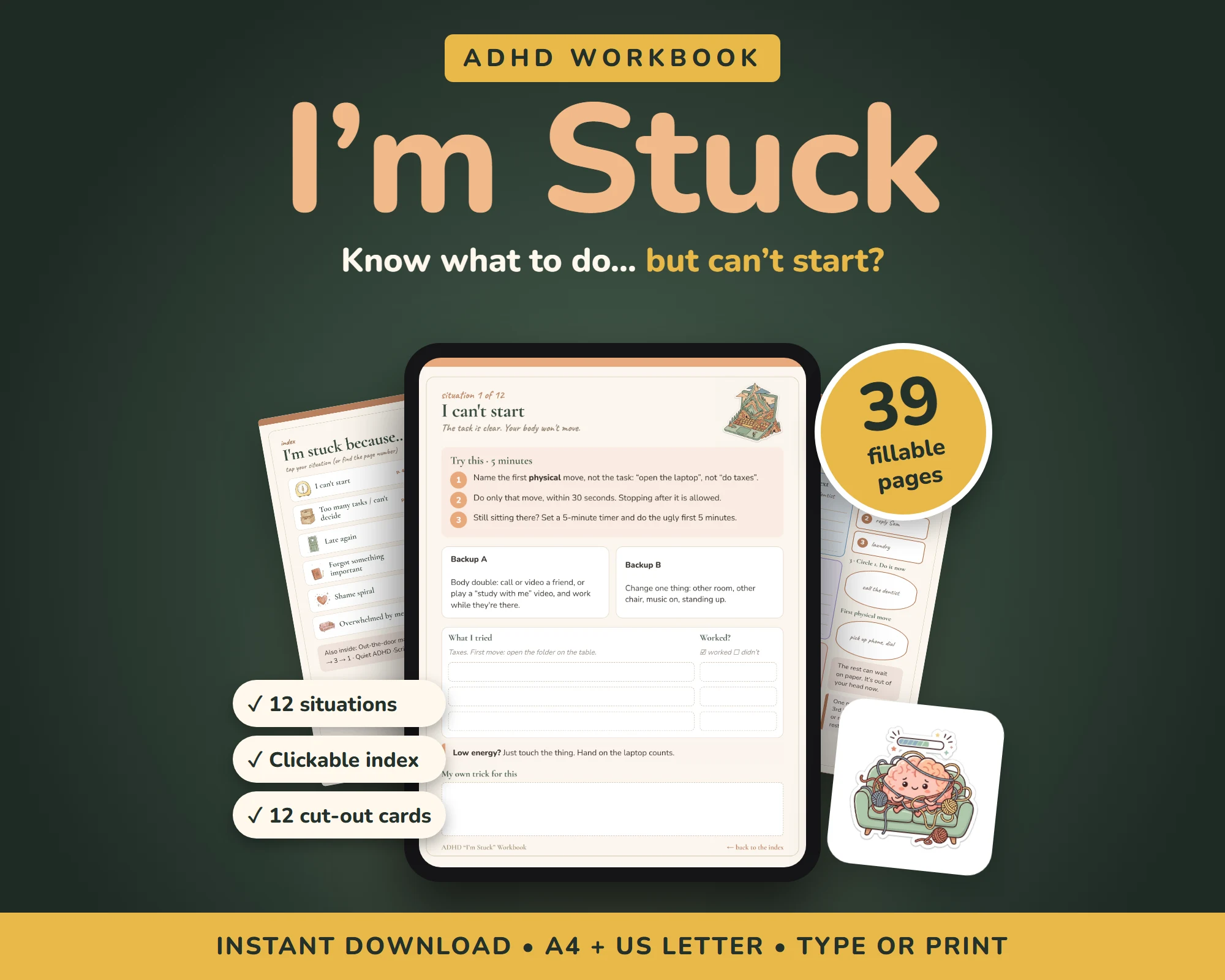 Printable workbook pages with brain dump and task worksheets